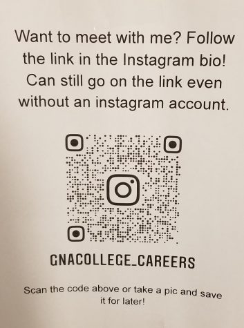 Pictured is the scan code and the username of the GNA college advisor Instagram. 