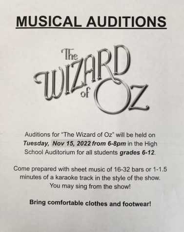 A flyer regarding the auditions for this years spring musical: The Wizard of Oz.