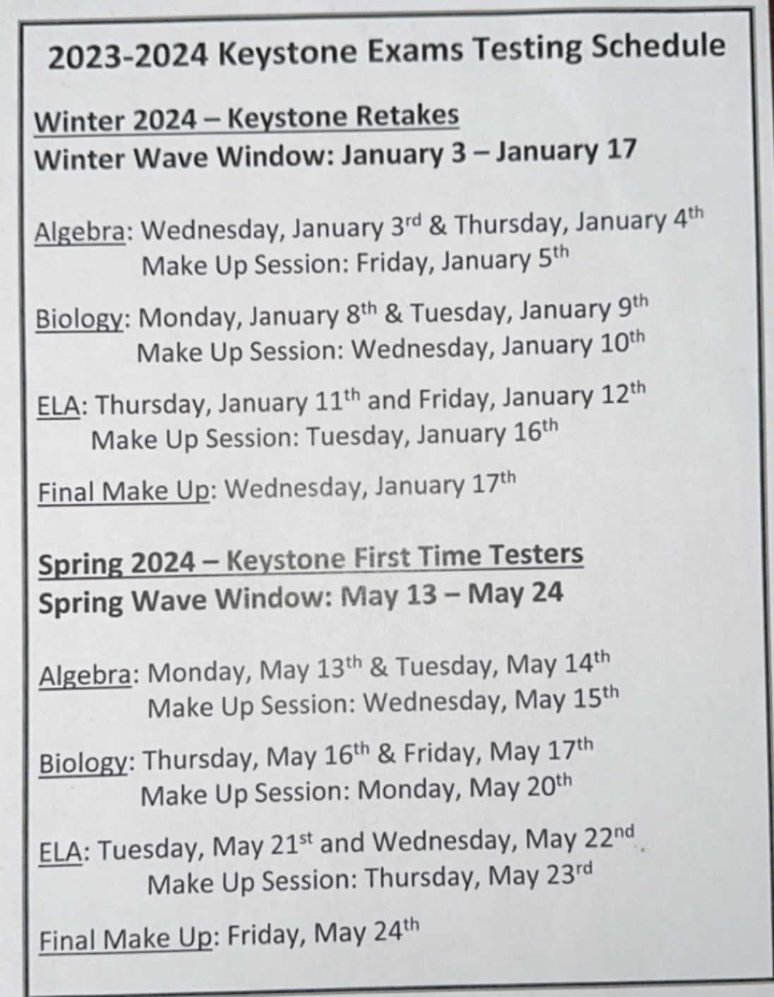 20232024 Keystone Exams winter testing schedule The GNA Insider