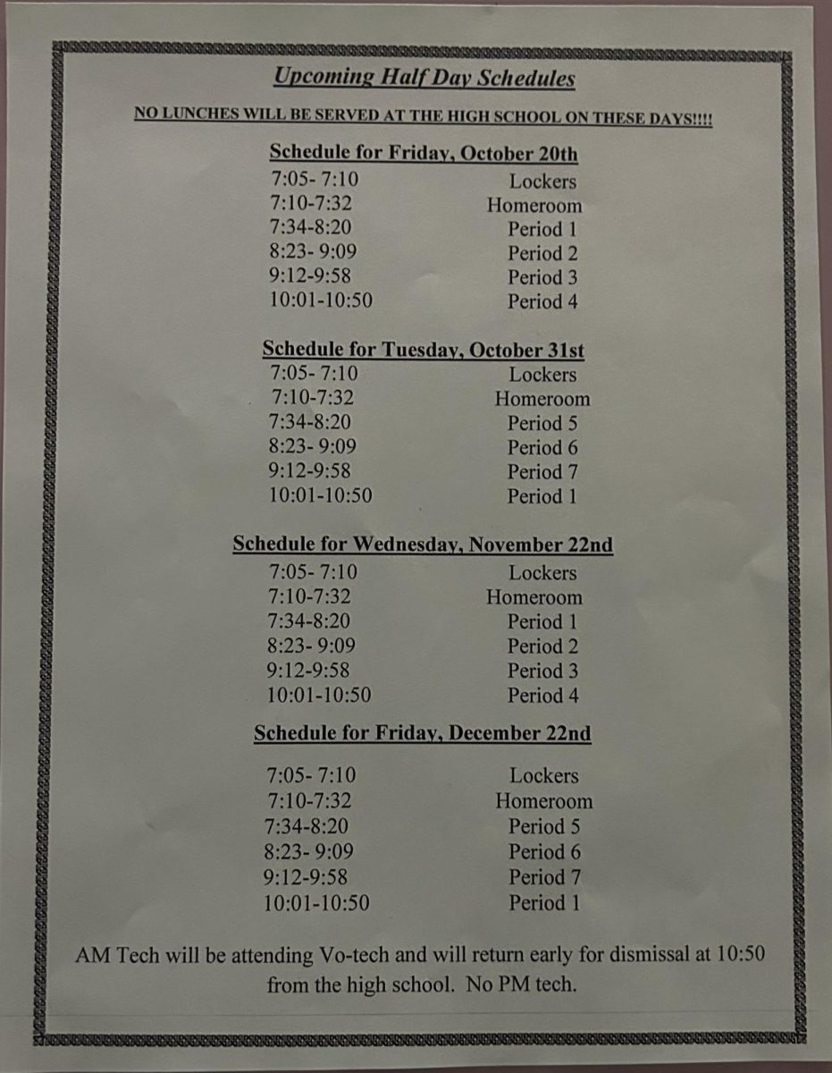 Upcoming Half Day Schedules.