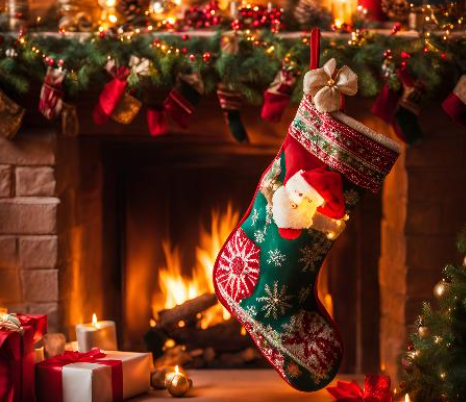 Stocking over fireplace.