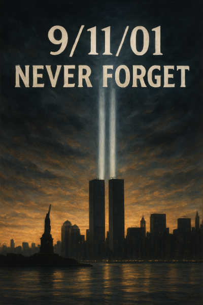 A memorial recreation of the Twin Towers representing remembrance of the tragic events (Image created by ChatGPT).