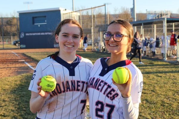 Haley and Stefani with their winning softballs. (Amaya Zegarski)